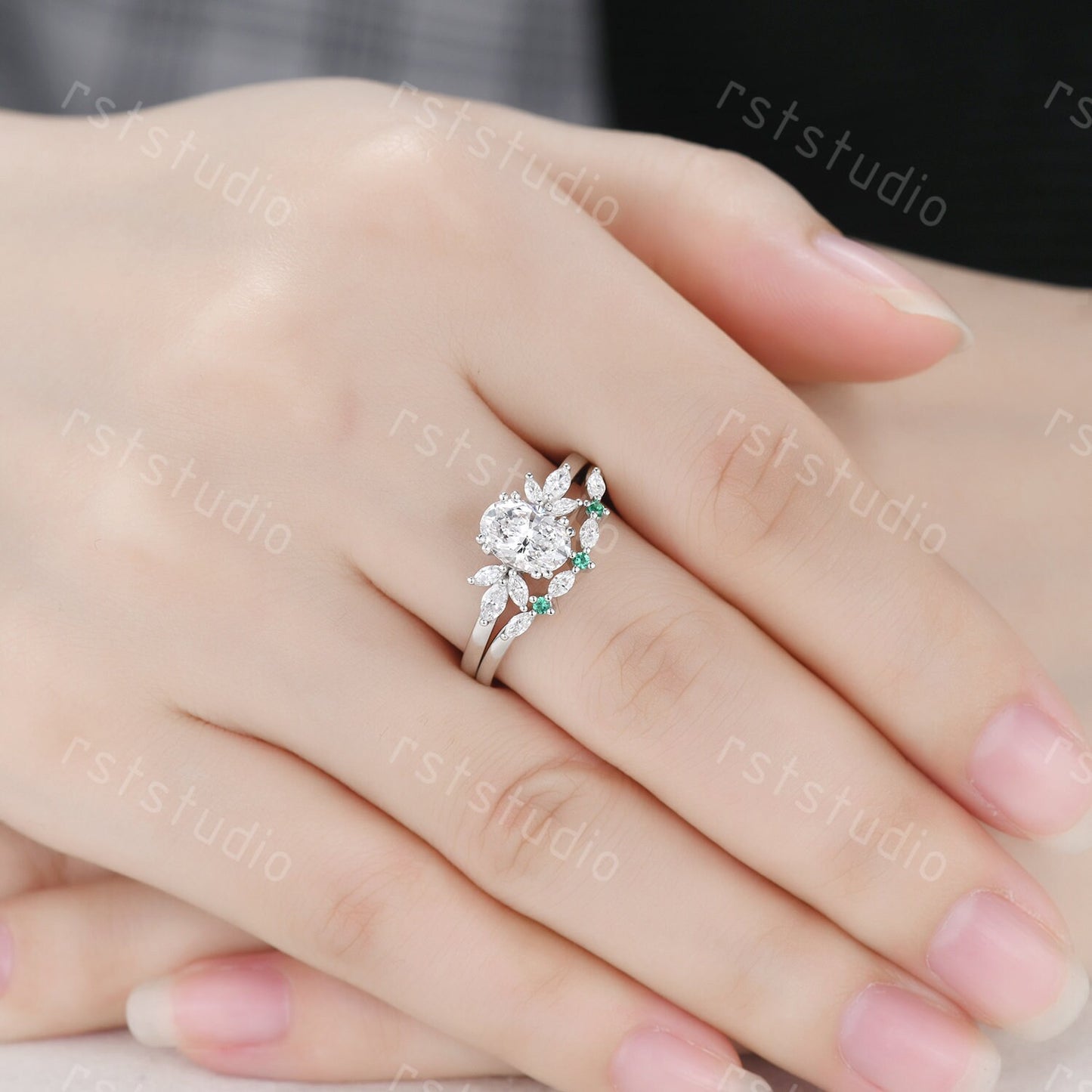 Vintage Oval Lab Grown Diamond Engagement Ring Set: 14k White Gold Emerald Jewelry