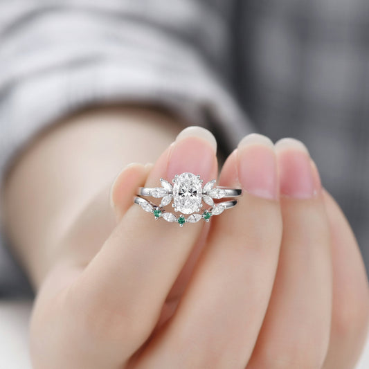 Vintage Oval Lab Grown Diamond Engagement Ring Set: 14k White Gold Emerald Jewelry