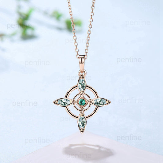 Vintage Marquise Cut Moss Agate Necklace Double Circle Forever Pendant Rose Gold Emerald Necklace Norse Viking Angle Anniversary gift women - PENFINE