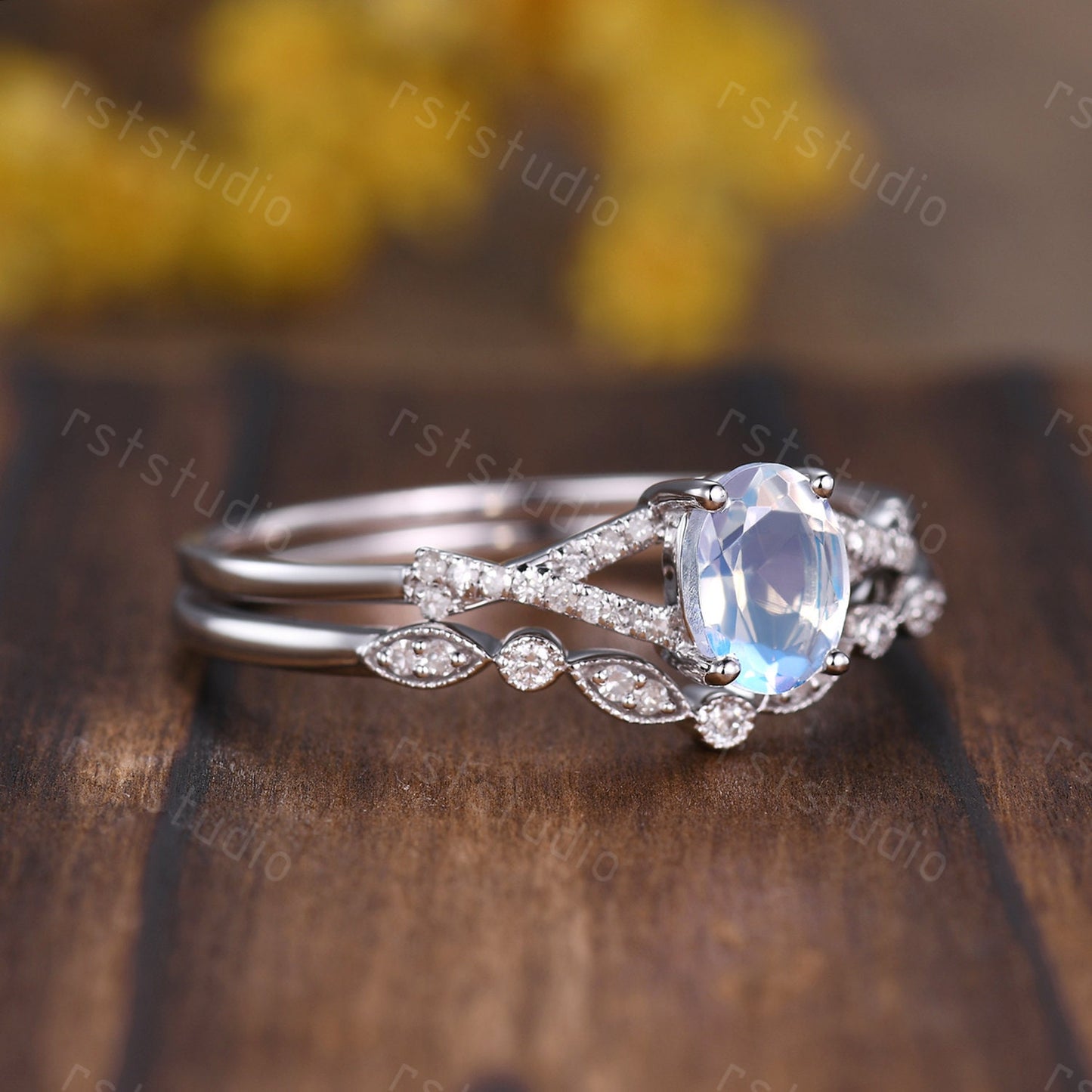 Oval Moonstone Engagement Ring Set: Vintage Art Deco Silver Bridal Set