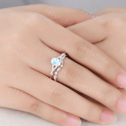 Oval Moonstone Engagement Ring Set: Vintage Art Deco Silver Bridal Set
