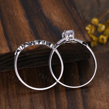 Oval Moonstone Engagement Ring Set: Vintage Art Deco Silver Bridal Set