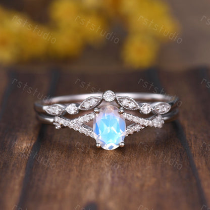 Oval Moonstone Engagement Ring Set: Vintage Art Deco Silver Bridal Set