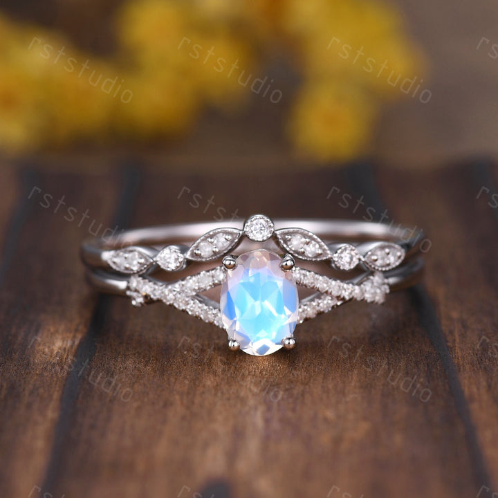 Oval Moonstone Engagement Ring Set: Vintage Art Deco Silver Bridal Set