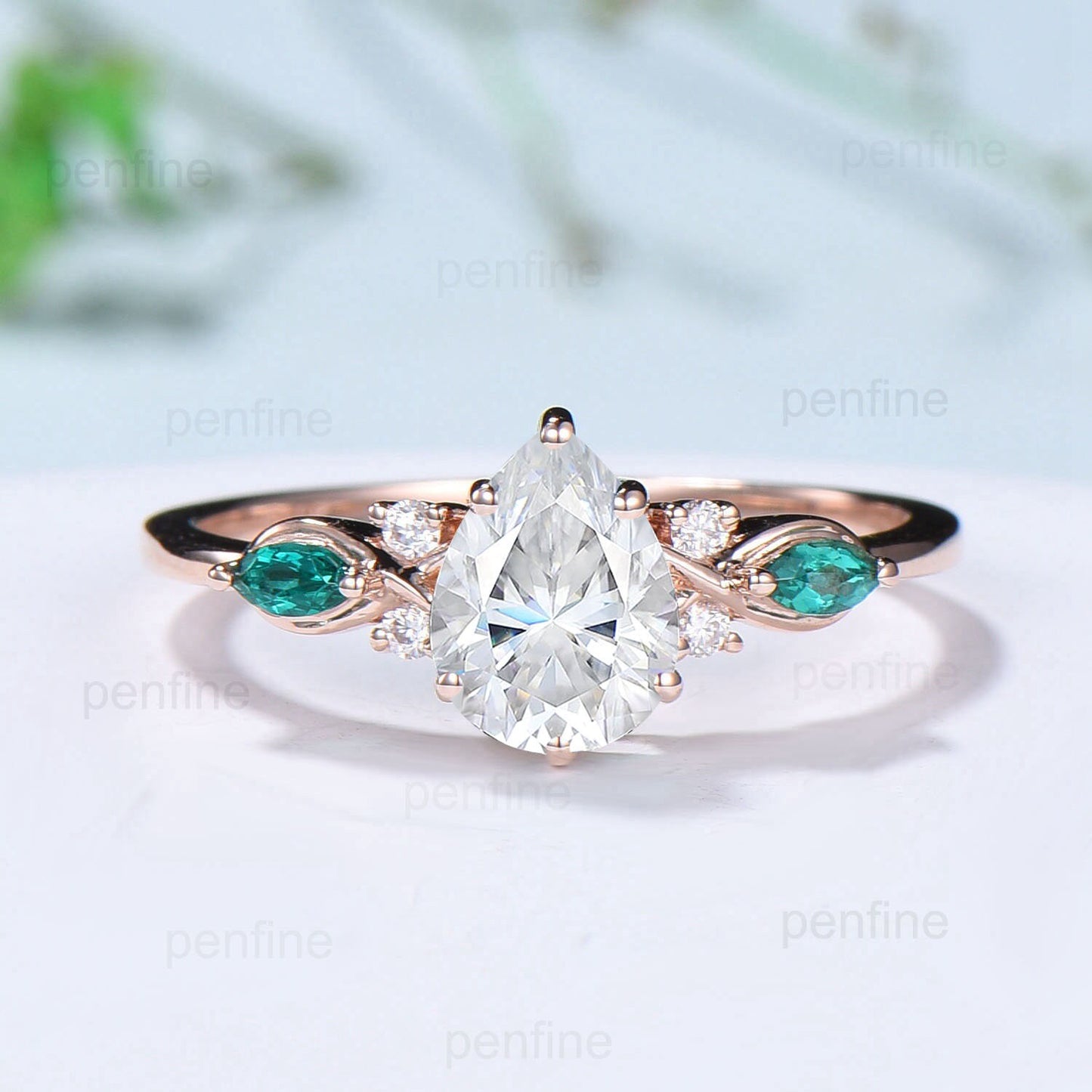 Elegant Pear Shaped Moissanite Engagement Ring Set Gold Vintage Baguette Emerald Moissanite Wedding Set Norse Viking Band Bridal Set Women - PENFINE