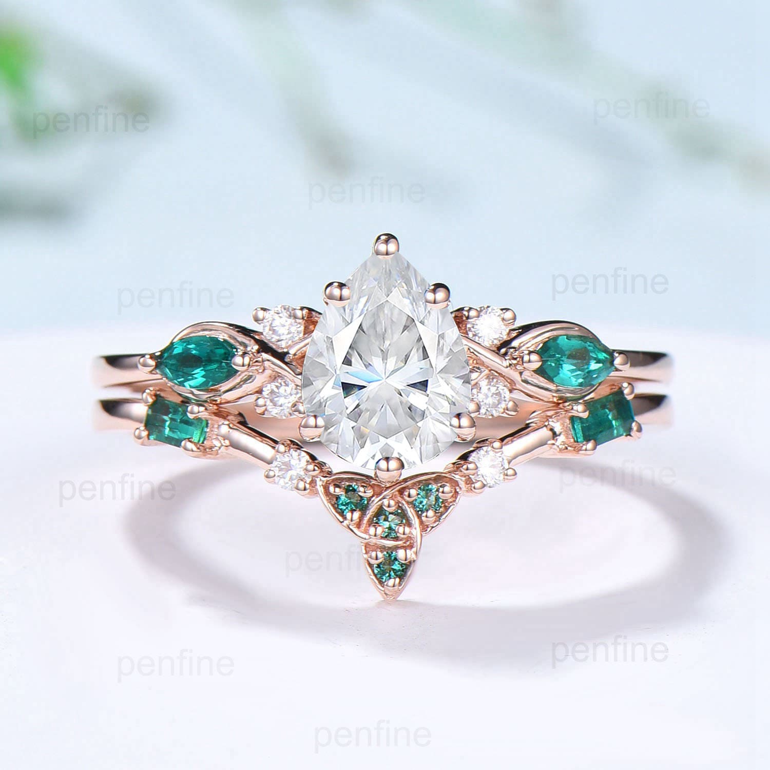 Elegant Pear Shaped Moissanite Engagement Ring Set Gold Vintage Baguette Emerald Moissanite Wedding Set Norse Viking Band Bridal Set Women - PENFINE