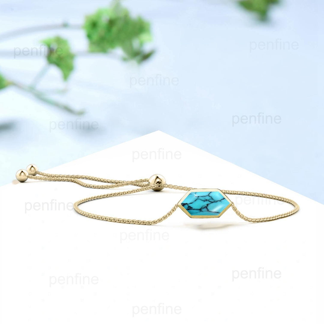 Bezel Set long hexagon turquoise bracelet Minimalist dainty bracelet vintage unique Stackable Bracelet For Women art deco anniversary gift - PENFINE