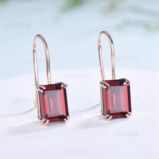 Vintage garnet earrings emerald cut Stud Earrings January birthstone Earrings Solid 14k 18k rose gold 8 prongs Handmade Proposal Gifts Women - PENFINE