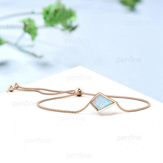 Bezel Set Kite cut white opal bracelet Minimalist dainty bracelet vintage unique Stackable Bracelet For Women art deco anniversary gift - PENFINE