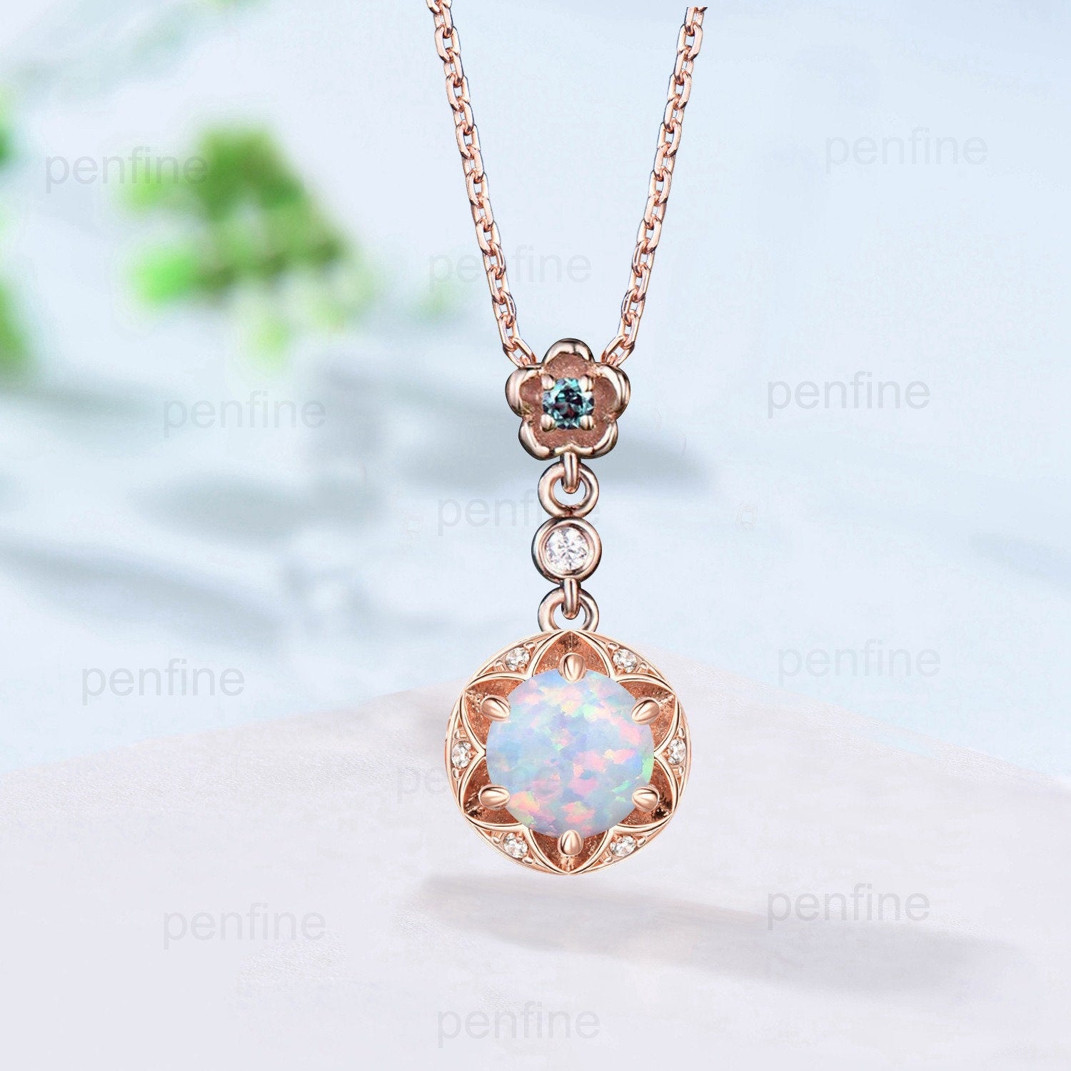 Vintage White Opal Necklace Unique Halo Sun Flower Fire Opal Pendant 14k 18k Rose Gold Necklace for Women Birthday Gift Alexandrite Ncleace 14K White