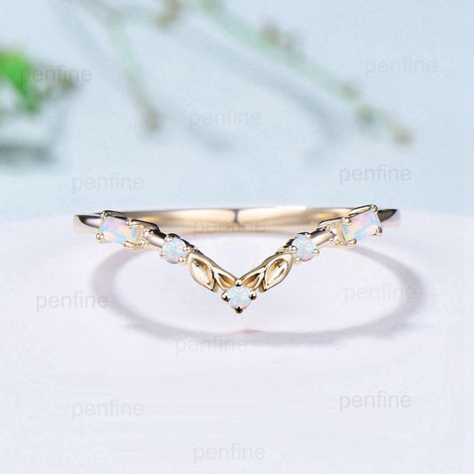 Unique Opal Wedding Band rose gold Melon seeds fire opal wedding ring Art Deco Baguette Opal Stacking matching band jewelry gift for women - PENFINE