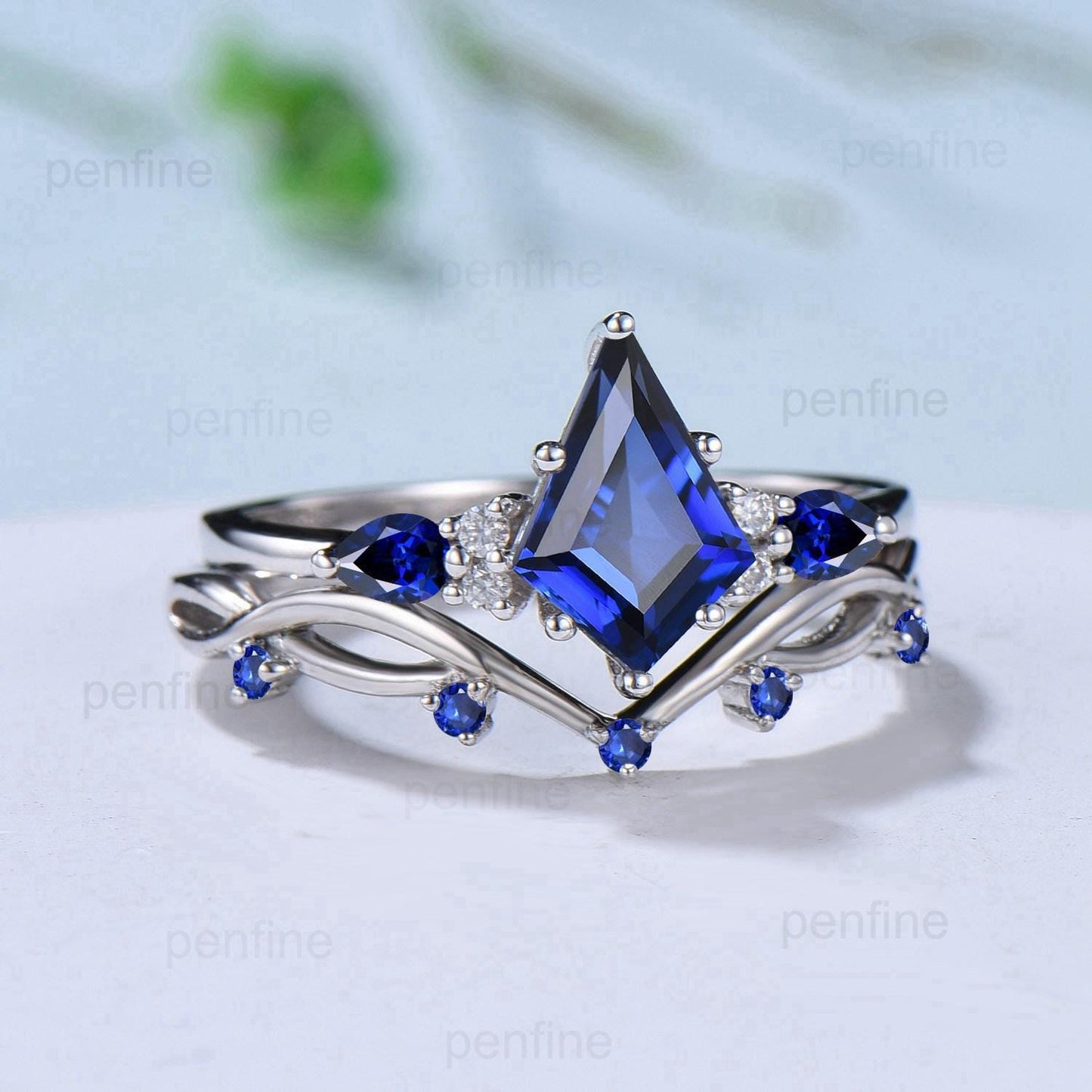 Vintage blue sapphire engagement ring kite cut white gold seven stone pear sapphire wedding ring elegant anniversary promise ring for women - PENFINE