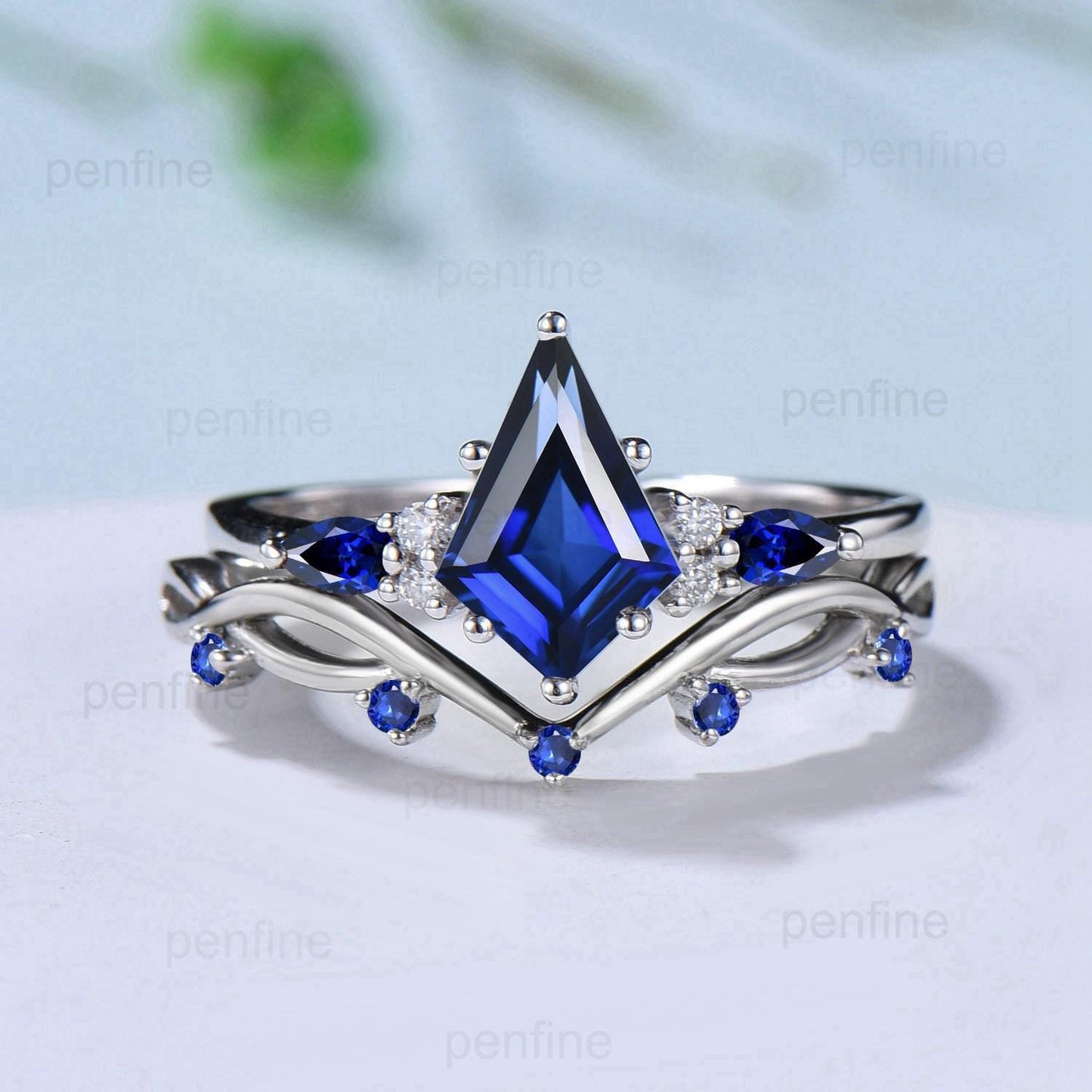 Vintage blue sapphire engagement ring kite cut white gold seven stone pear sapphire wedding ring elegant anniversary promise ring for women - PENFINE