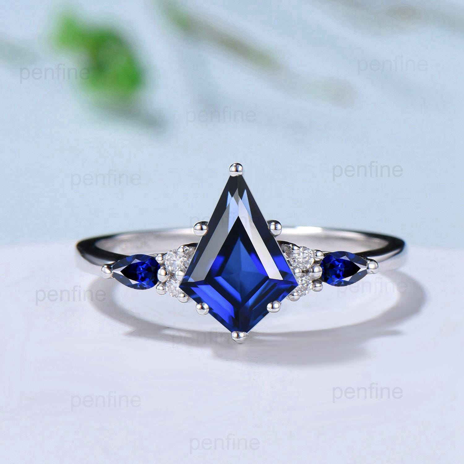 Vintage blue sapphire engagement ring kite cut white gold seven stone pear sapphire wedding ring elegant anniversary promise ring for women - PENFINE