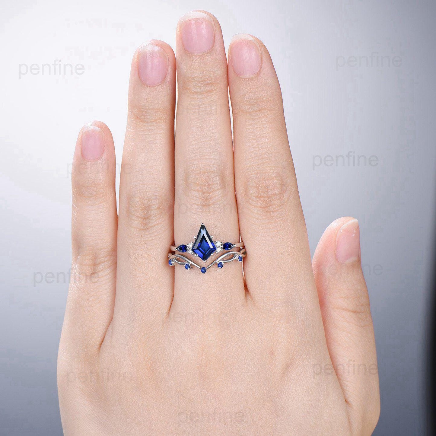 Vintage blue sapphire engagement ring kite cut white gold seven stone pear sapphire wedding ring elegant anniversary promise ring for women - PENFINE