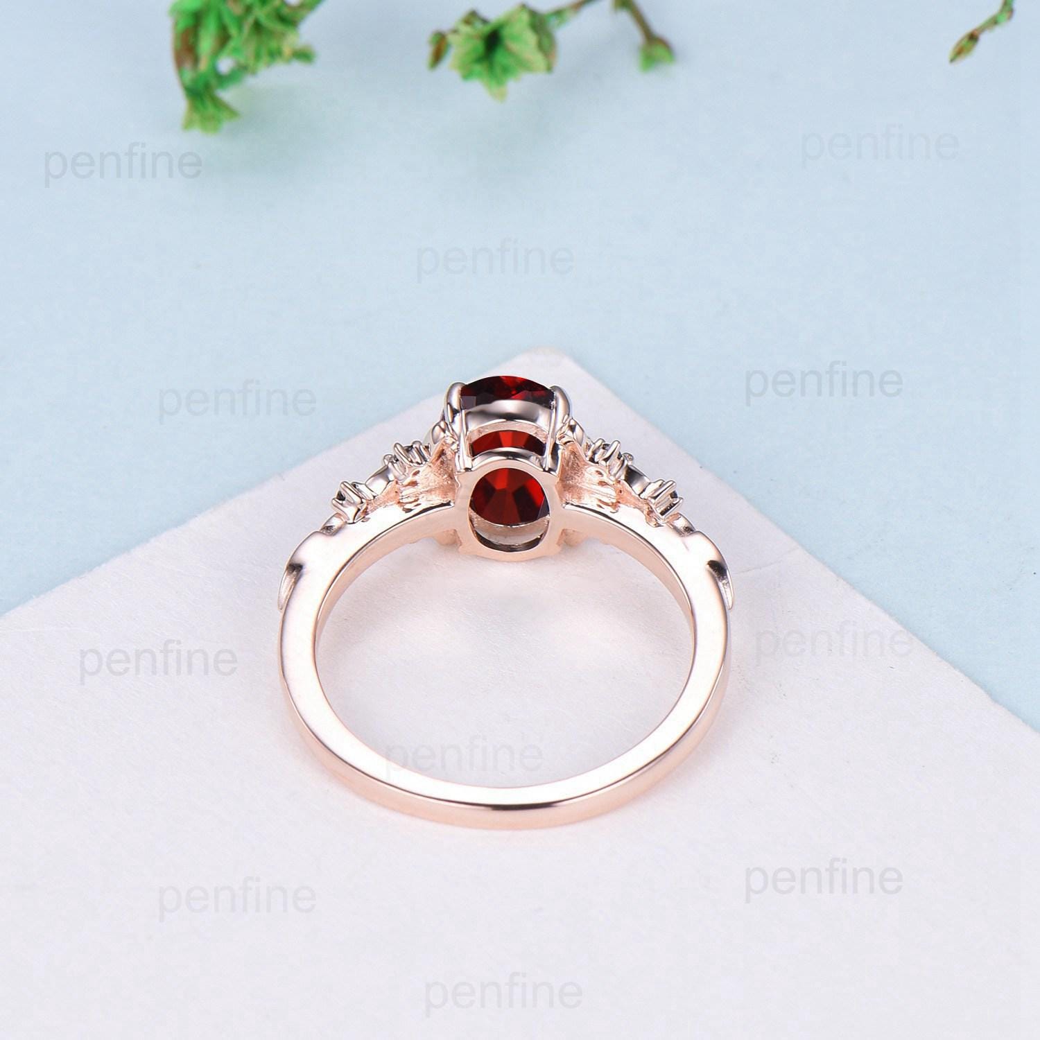 Vintage Garnet engagement ring unique cluster garnet black spinel wedding ring rose gold floral leaves Melon seeds anniversary ring women - PENFINE