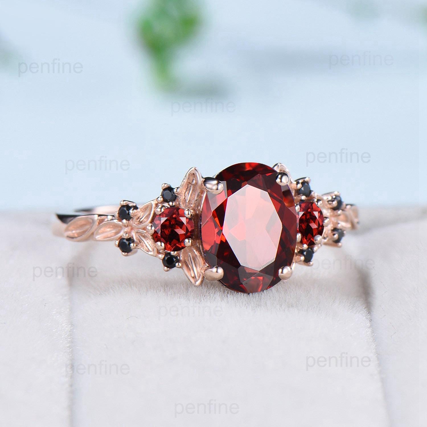 Vintage Garnet engagement ring unique cluster garnet black spinel wedding ring rose gold floral leaves Melon seeds anniversary ring women - PENFINE