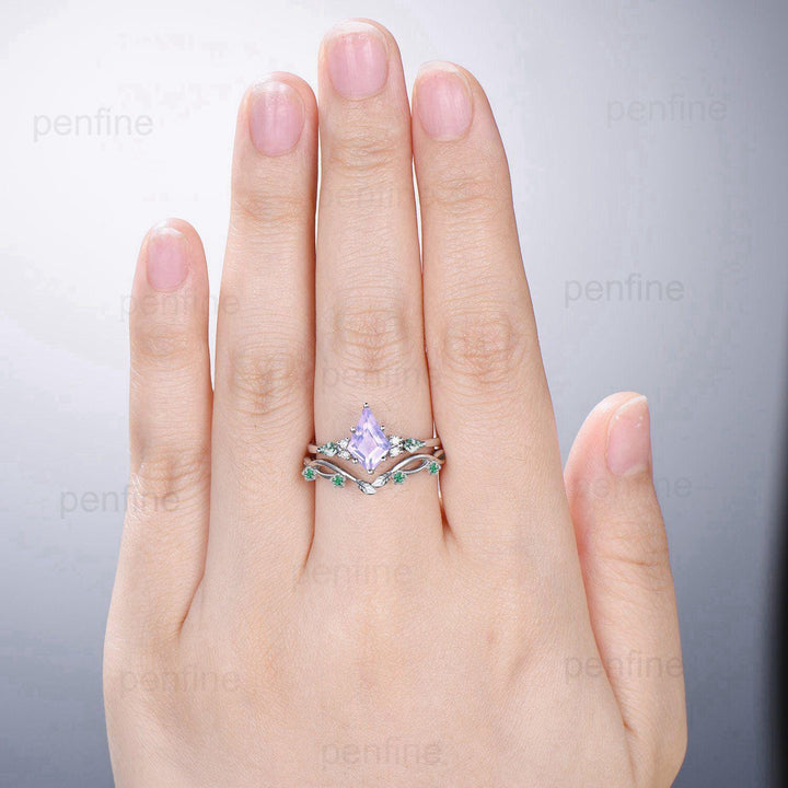 Vintage Kite Cut Lavender Amethyst Engagement Ring Set Kite Moss Agate Wedding Ring Set Leaves Curved Infinity Emerald Band Anniversary Gift - PENFINE