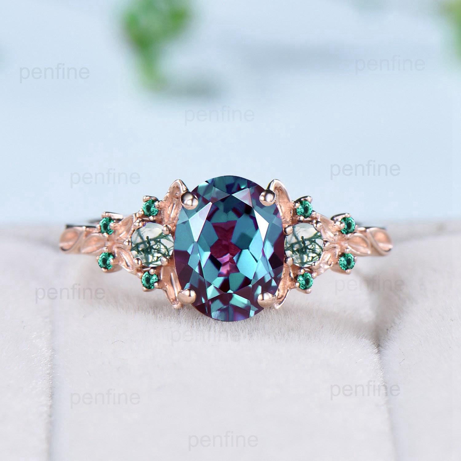 Vintage Alexandrite engagement ring unique cluster moss agate emerald wedding ring rose gold floral leaf Melon seeds anniversary ring women - PENFINE