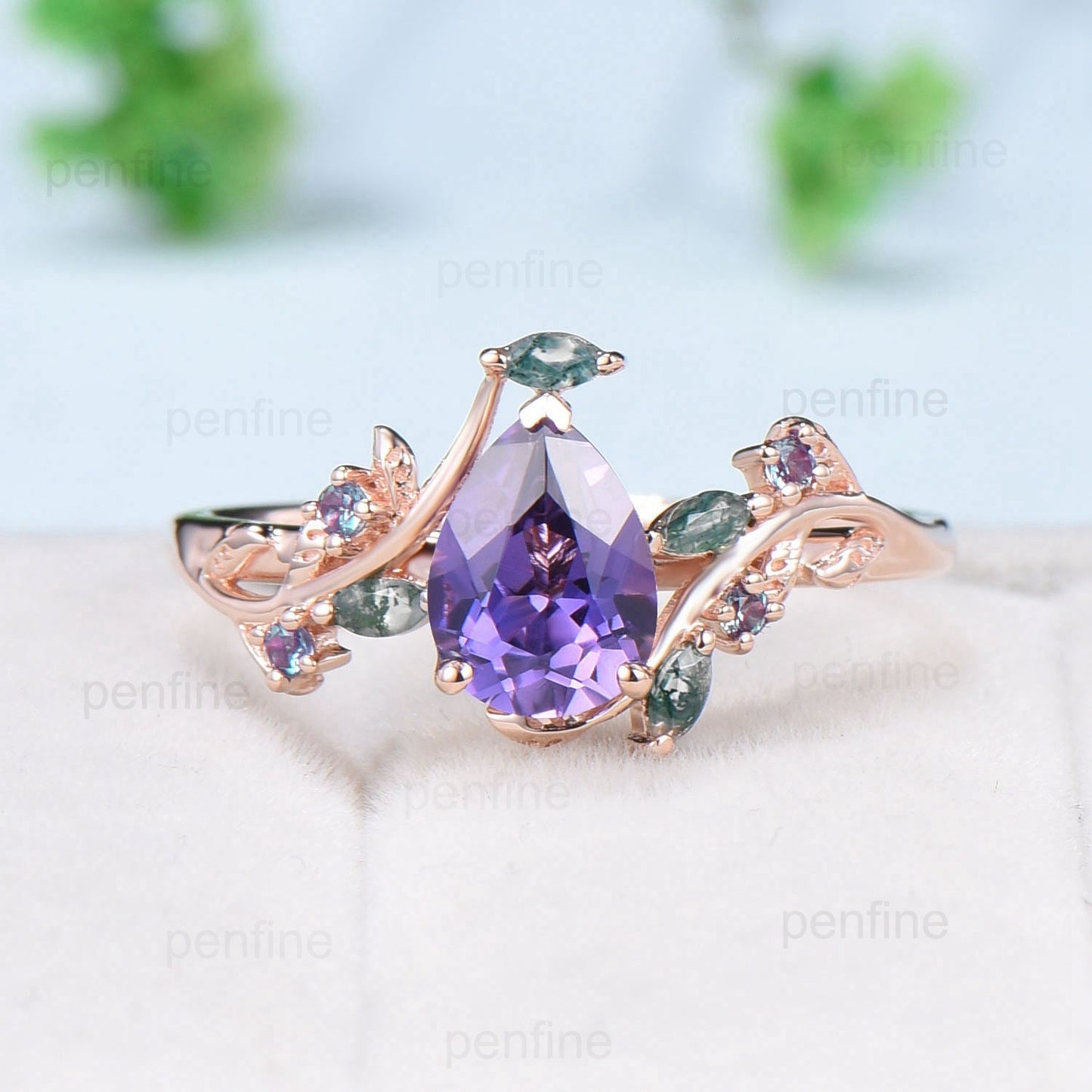 Natural inspired  Floral Purple Sapphire Ring Vintage Pear Shaped Engagement Ring Leaf Alexandrite marquise moss agate Wedding Promise Ring - PENFINE