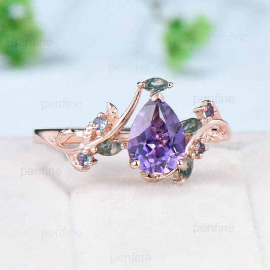 Natural inspired Floral Purple Sapphire Ring Vintage Pear Shaped Engagement Ring Leaf Alexandrite marquise moss agate Wedding Promise Ring - PENFINE
