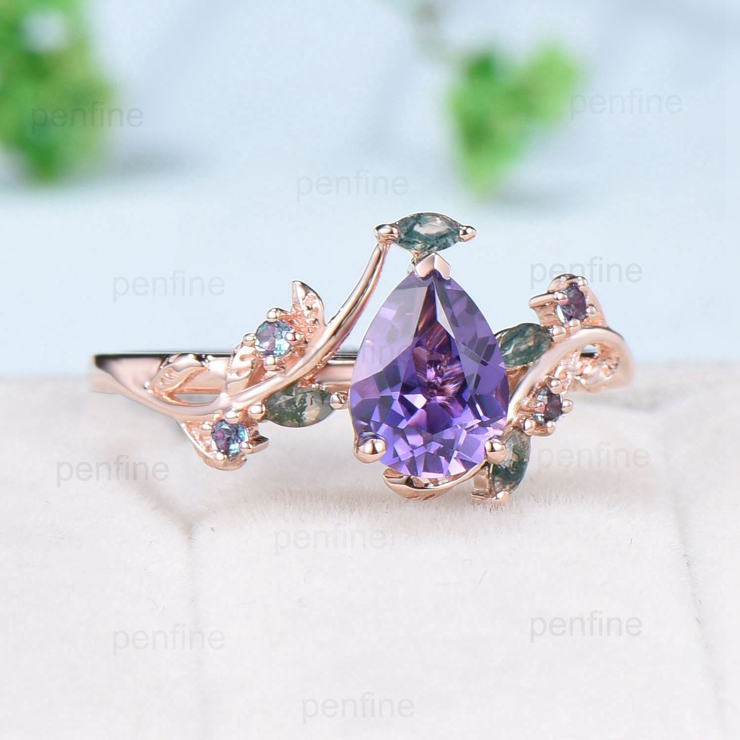 Natural inspired  Floral Purple Sapphire Ring Vintage Pear Shaped Engagement Ring Leaf Alexandrite marquise moss agate Wedding Promise Ring - PENFINE