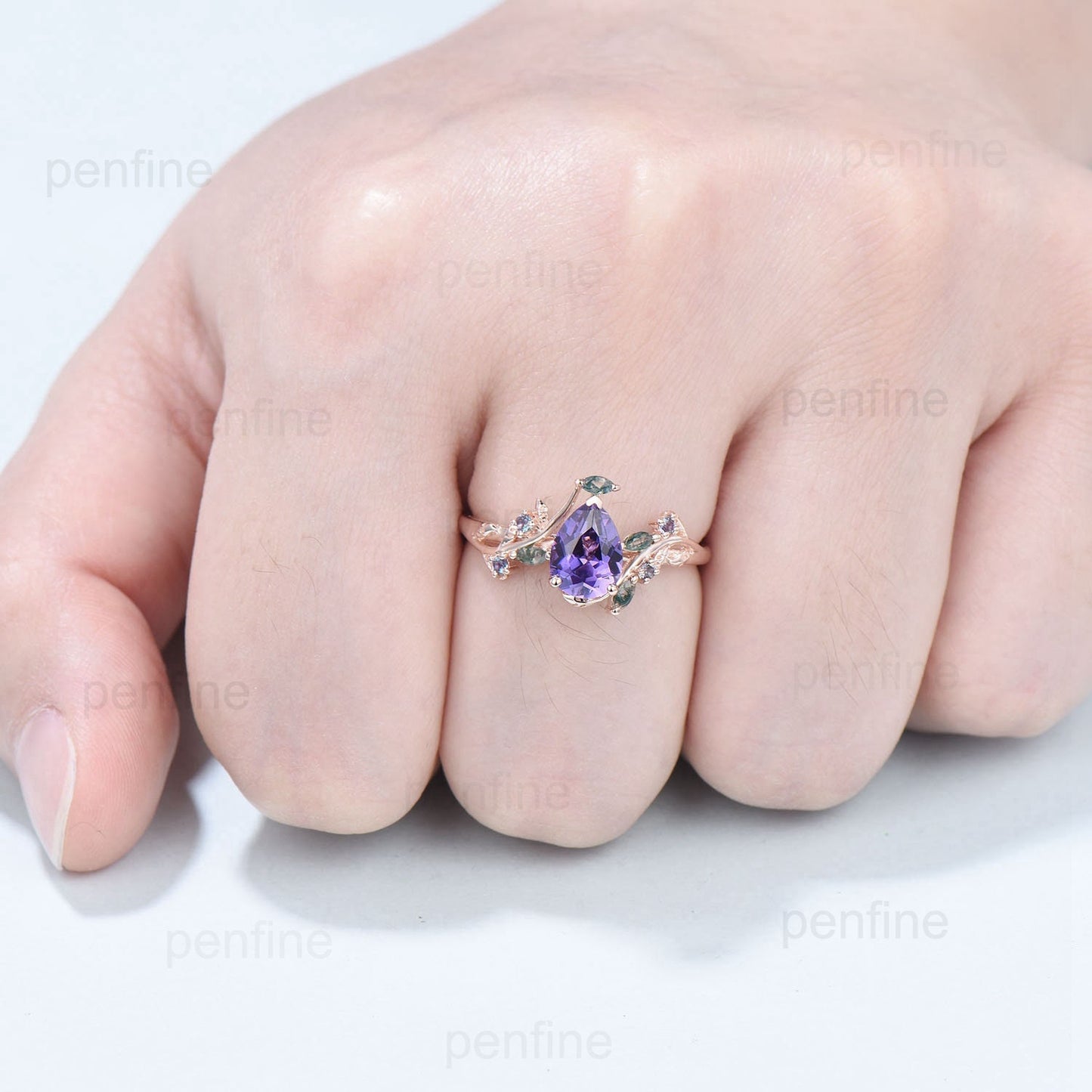 Natural inspired  Floral Purple Sapphire Ring Vintage Pear Shaped Engagement Ring Leaf Alexandrite marquise moss agate Wedding Promise Ring - PENFINE