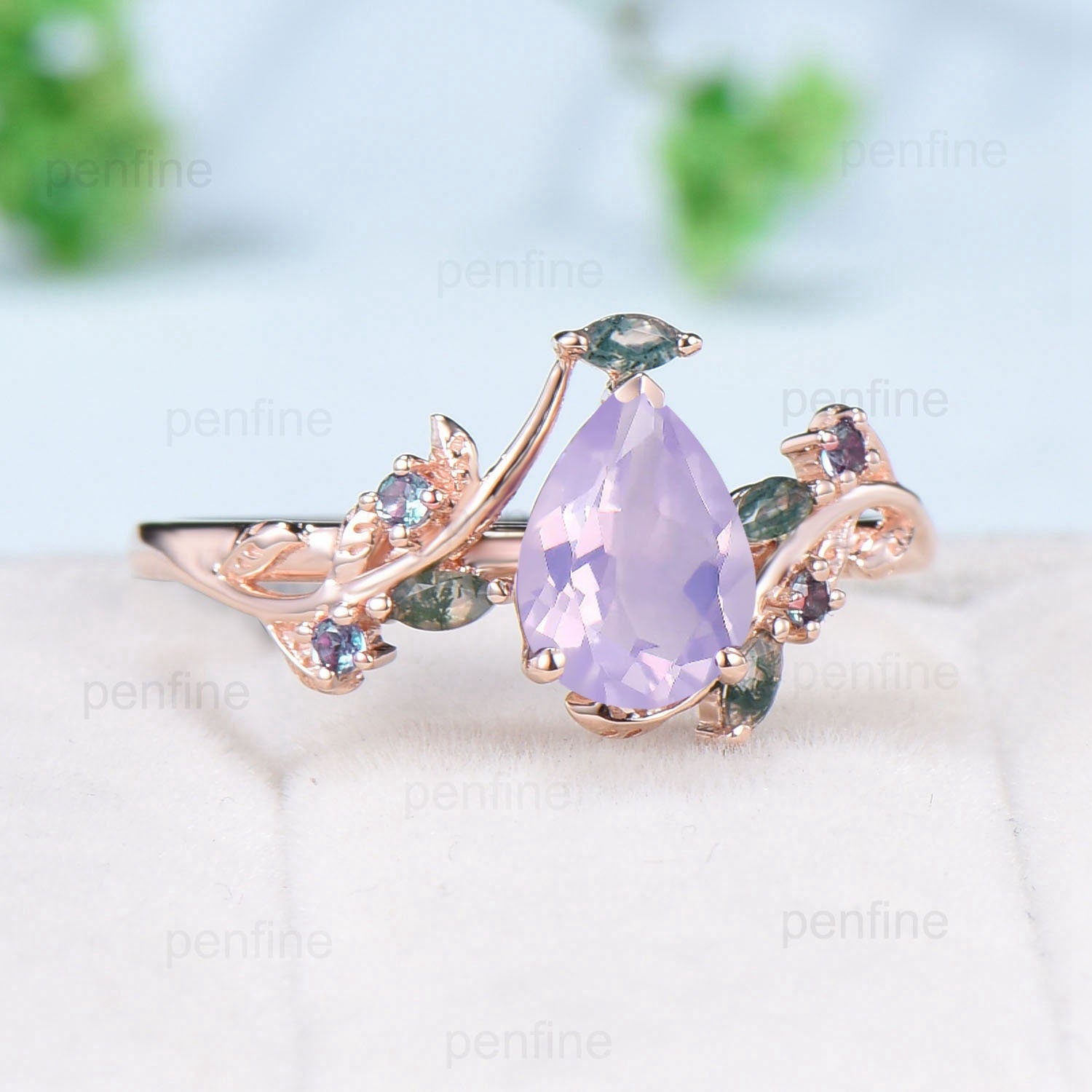 Natural inspired Flower Lavender Amethyst Ring Vintage Twig Vine Engagement Ring Unique Leaf Alexandrite  marquise moss agate Wedding Ring - PENFINE