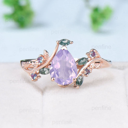 Natural inspired Flower Lavender Amethyst Ring Vintage Twig Vine Engagement Ring Unique Leaf Alexandrite marquise moss agate Wedding Ring - PENFINE