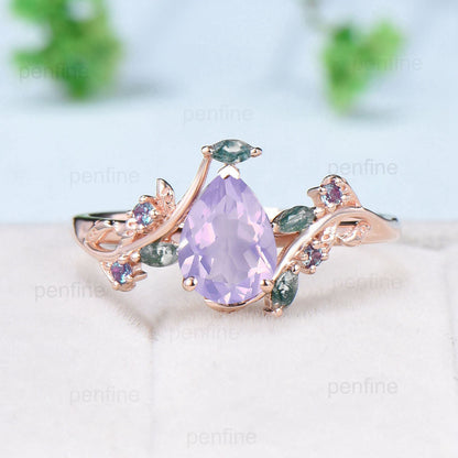 Natural inspired Flower Lavender Amethyst Ring Vintage Twig Vine Engagement Ring Unique Leaf Alexandrite  marquise moss agate Wedding Ring - PENFINE