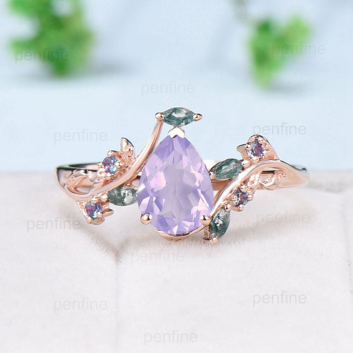 Natural inspired Flower Lavender Amethyst Ring Vintage Twig Vine Engagement Ring Unique Leaf Alexandrite  marquise moss agate Wedding Ring - PENFINE