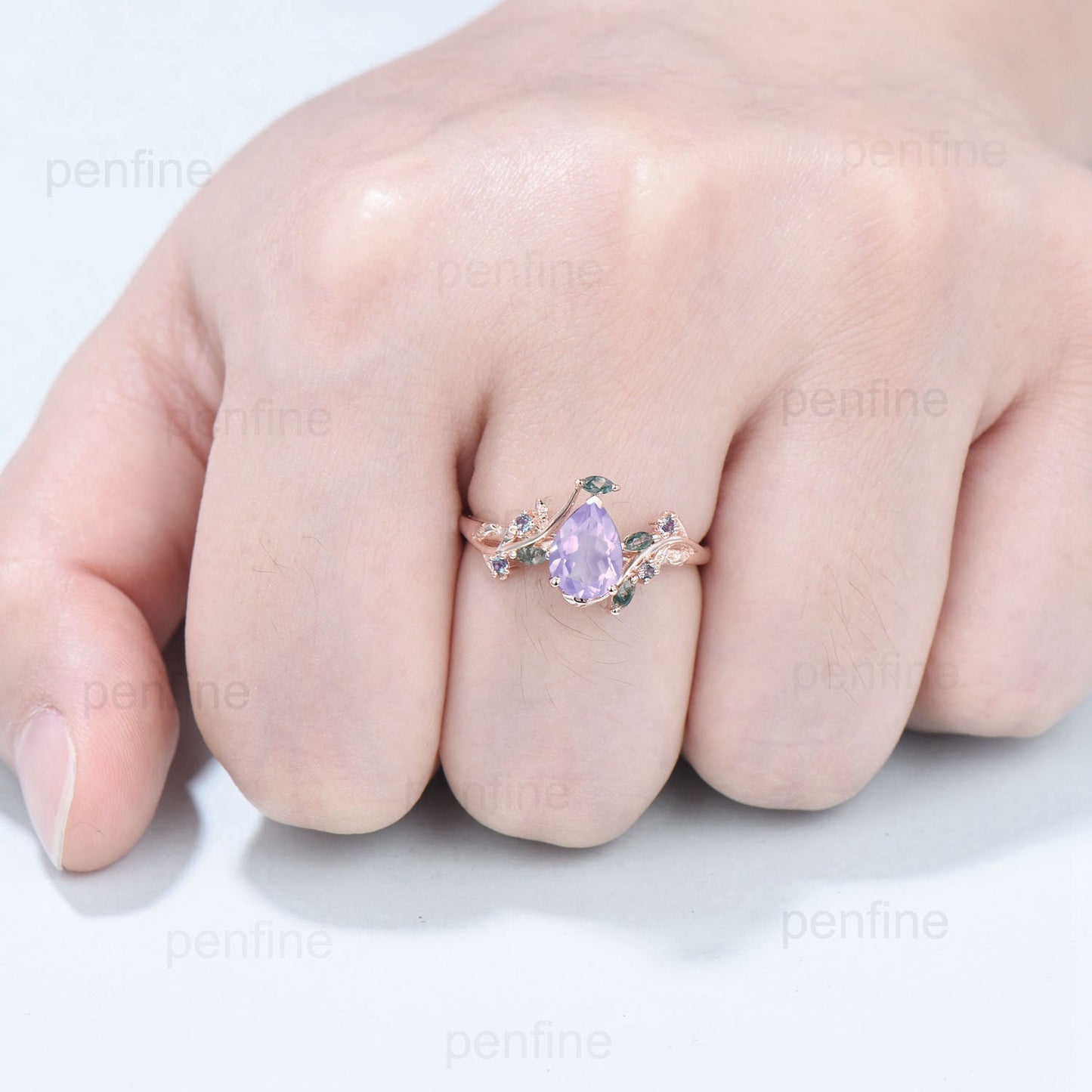 Natural inspired Flower Lavender Amethyst Ring Vintage Twig Vine Engagement Ring Unique Leaf Alexandrite  marquise moss agate Wedding Ring - PENFINE