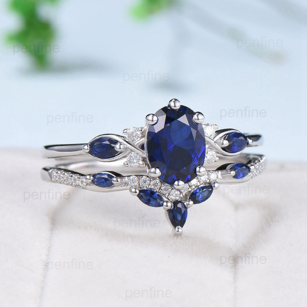 Vintage oval sapphire engagement ring 14k white gold twisted unique blue sapphire wedding ring set art deco anniversary ring gift bridal set - PENFINE