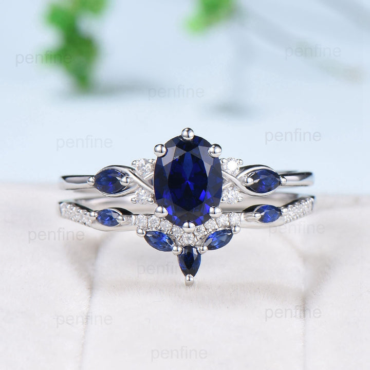 Vintage oval sapphire engagement ring 14k white gold twisted unique blue sapphire wedding ring set art deco anniversary ring gift bridal set - PENFINE