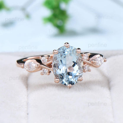 2 Carat Aquamarine Engagement Ring Vintage Aquamarine Diamonds Wedding Ring Unique 14K Rose Gold March Birthstone Promise Ring For Women - PENFINE