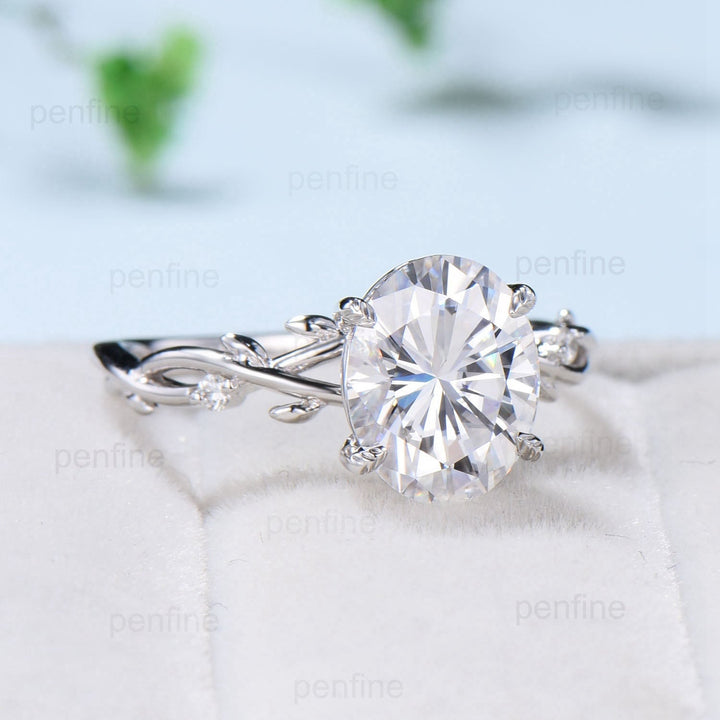 3 Carat Oval Cut Moissanite ring Nature Inspired Moissanite Engagement Ring Branch Leaf Vine Wedding Ring Unique Twig Promise Ring For Women - PENFINE