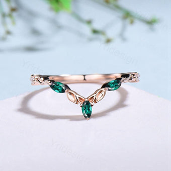 Curved V emerald wedding band rose gold vintage leaf matching band for women unique art deco stacking ring May birthstone anniversary gift - PENFINE