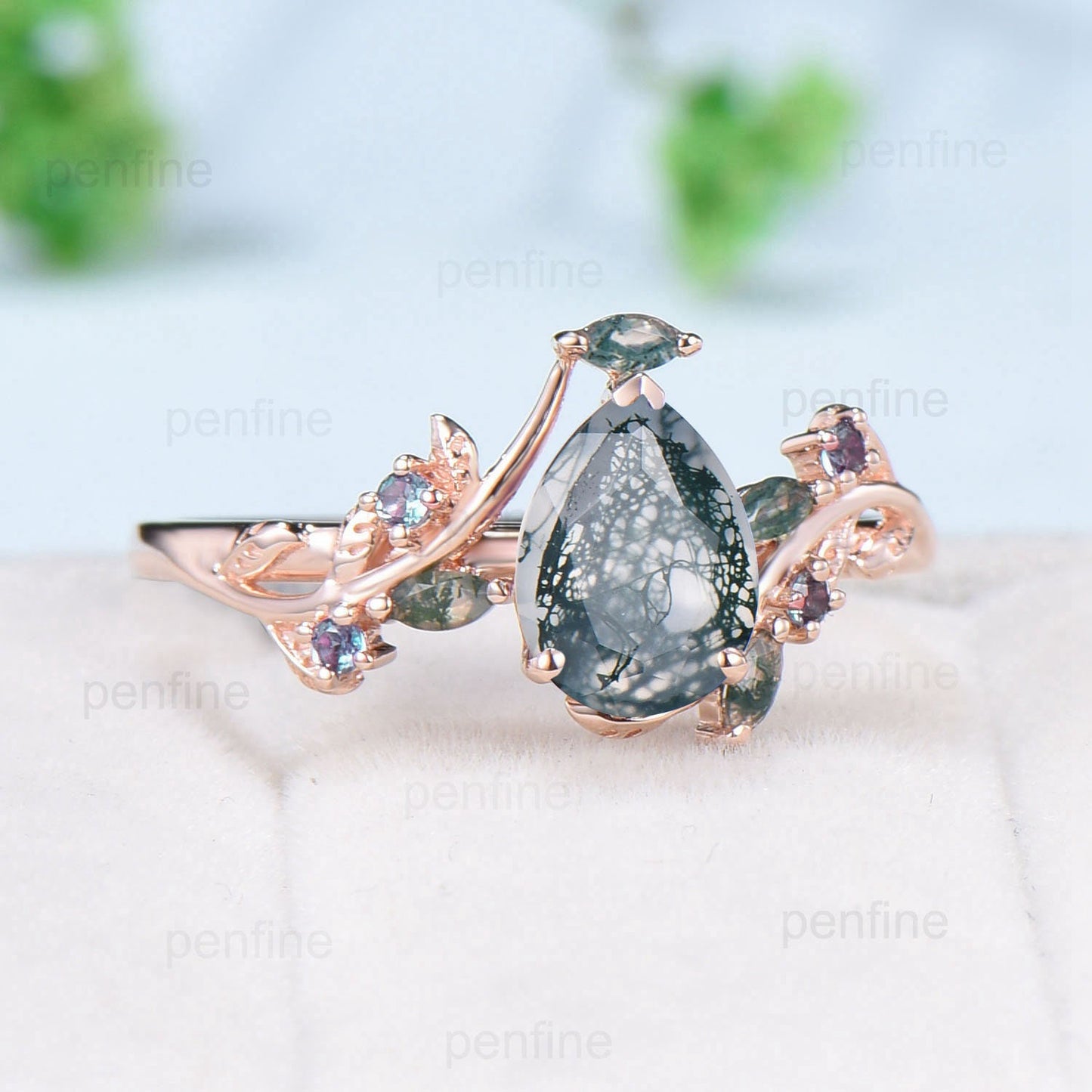 Vintage Pear Shaped Moss Agate Engagement Ring Natural inspired Green Agate Ring Leaf vine alexandrite Wedding anniversary ring women - PENFINE