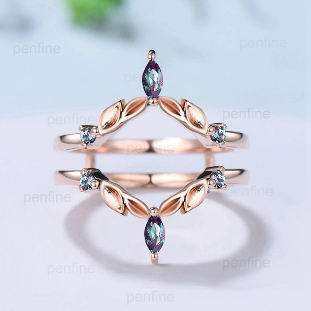 Double V curved alexandrite wedding band enhancer wraps leaves rose gold vintage color change stone stacking band anniversary gift for women - PENFINE