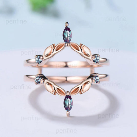 Double V curved alexandrite wedding band enhancer wraps leaves rose gold vintage color change stone stacking band anniversary gift for women - PENFINE