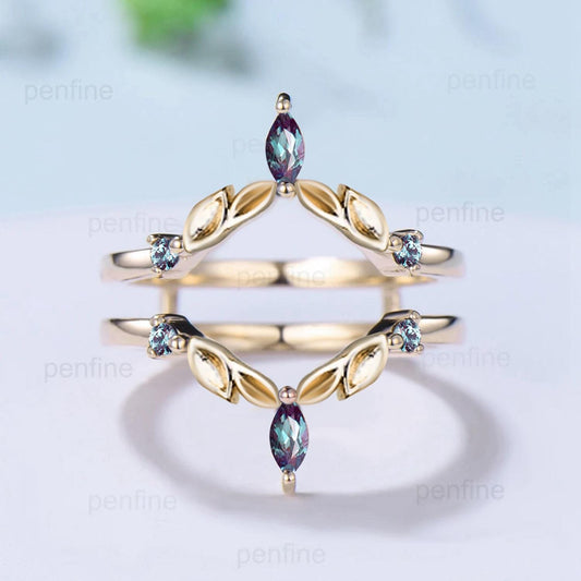 Double V curved alexandrite wedding band enhancer wraps leaves rose gold vintage color change stone stacking band anniversary gift for women - PENFINE