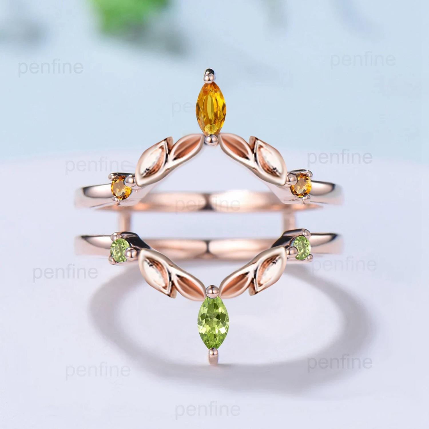 Vintage Citrine Peridot Wedding Band Ring Ladies Wedding Ring Women Unique Enhancer Stacking Bridal Matching Ring Rose Gold Anniversary Gift - PENFINE