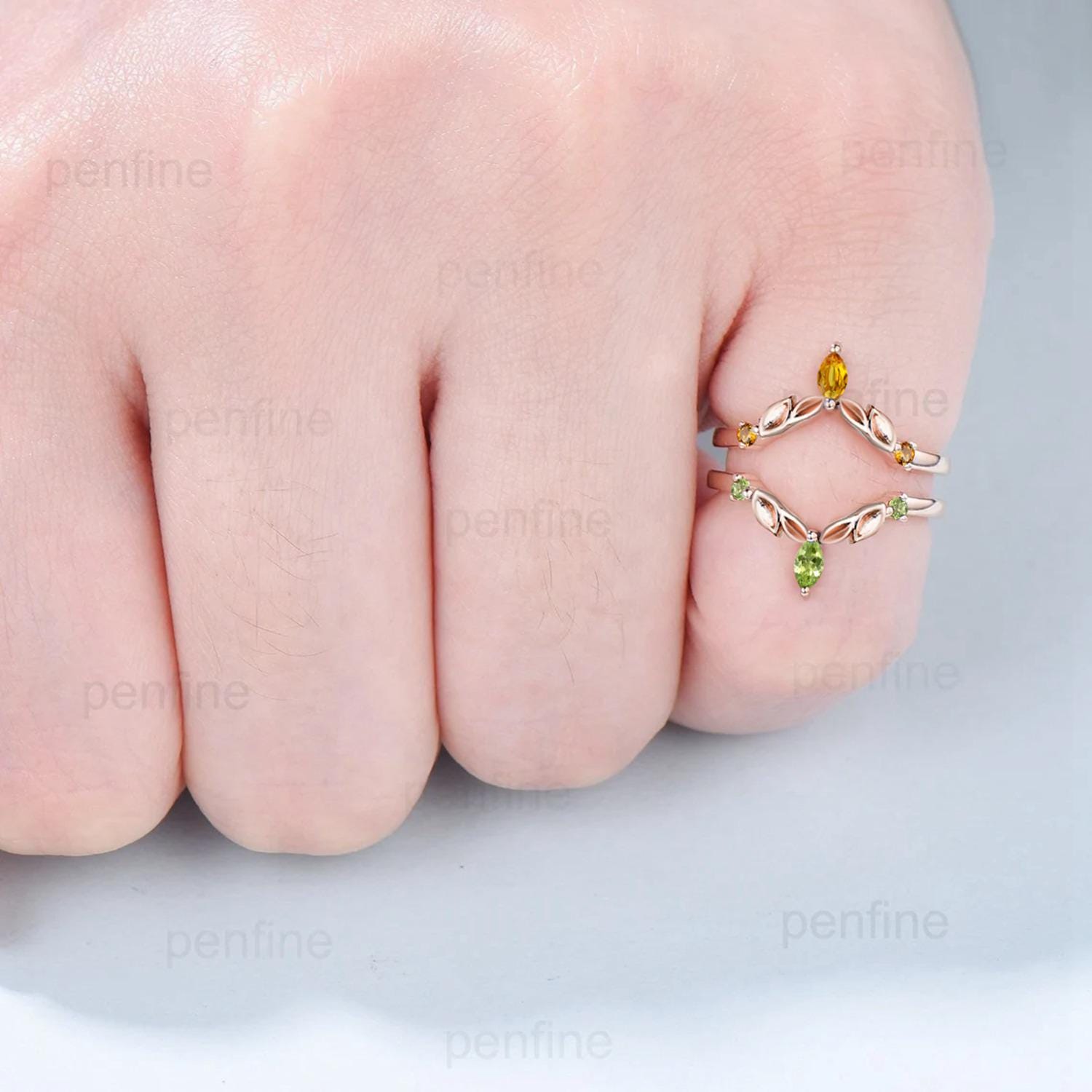 Vintage Citrine Peridot Wedding Band Ring Ladies Wedding Ring Women Unique Enhancer Stacking Bridal Matching Ring Rose Gold Anniversary Gift - PENFINE