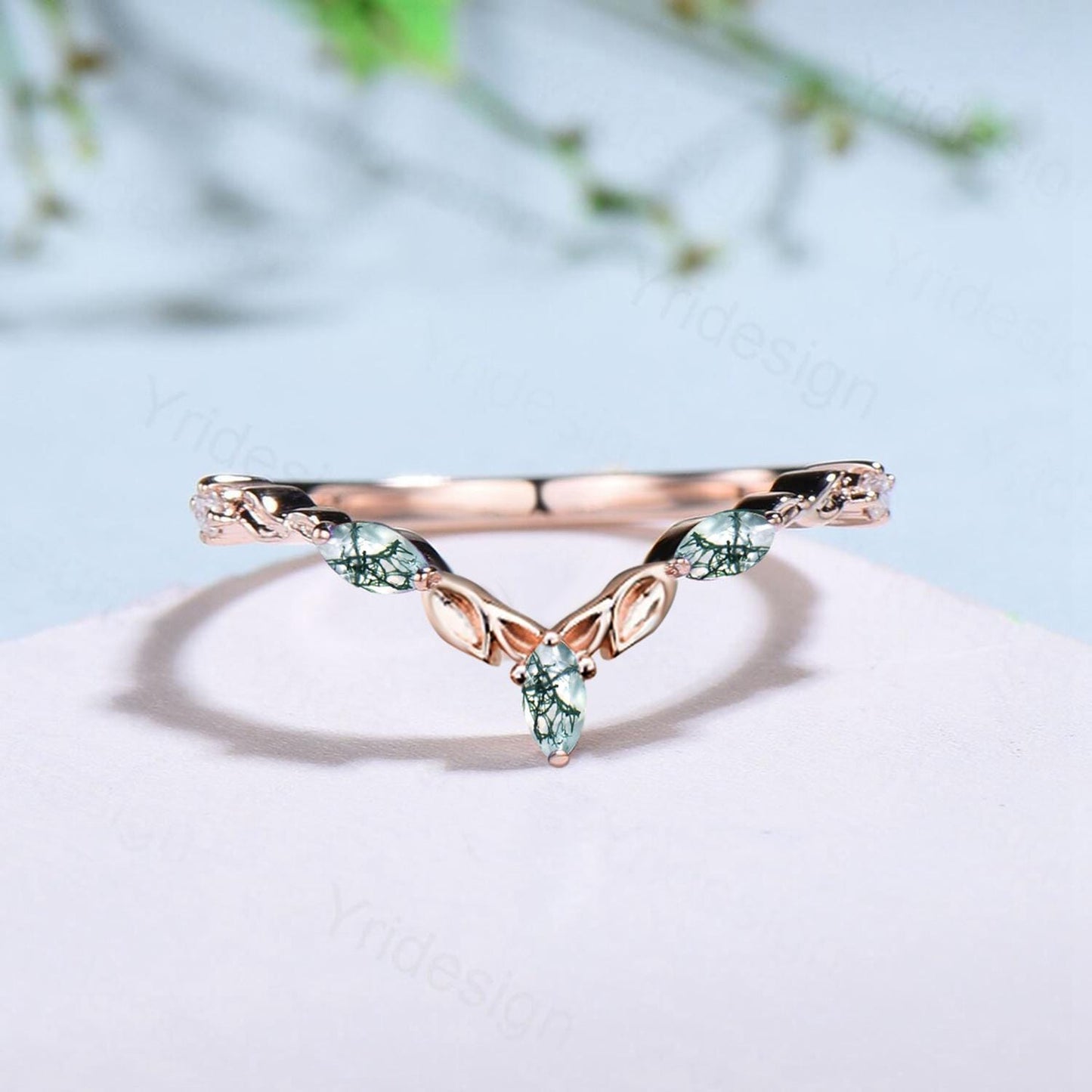 Vintage Curved V moss agate wedding band yellow gold leaf vine matching band women unique art deco stacking promise ring anniversary gift - PENFINE