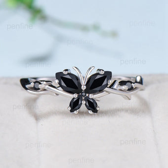 Unique Butterfly Marquise Black Spinel Wedding Ring Vintage Inspired Black Engagement Ring twist vine anniversary promise ring for women - PENFINE