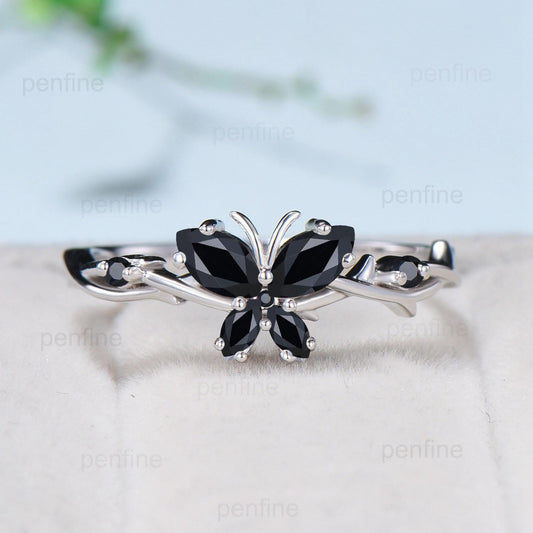 Unique Butterfly Marquise Black Spinel Wedding Ring Vintage Inspired Black Engagement Ring twist vine anniversary promise ring for women - PENFINE