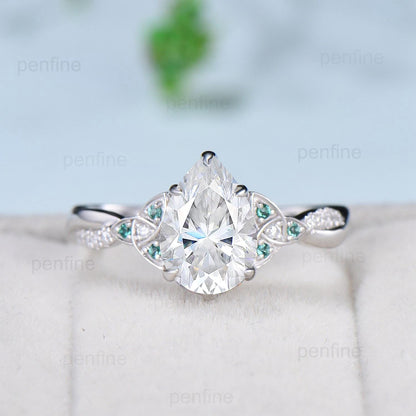 Unique Pear Moissanite Wedding Ring Set Celtic Knot 14K/18K White Gold Infinity Split Shank Moissanite Engagement Ring Emerald Bridal Sets - PENFINE