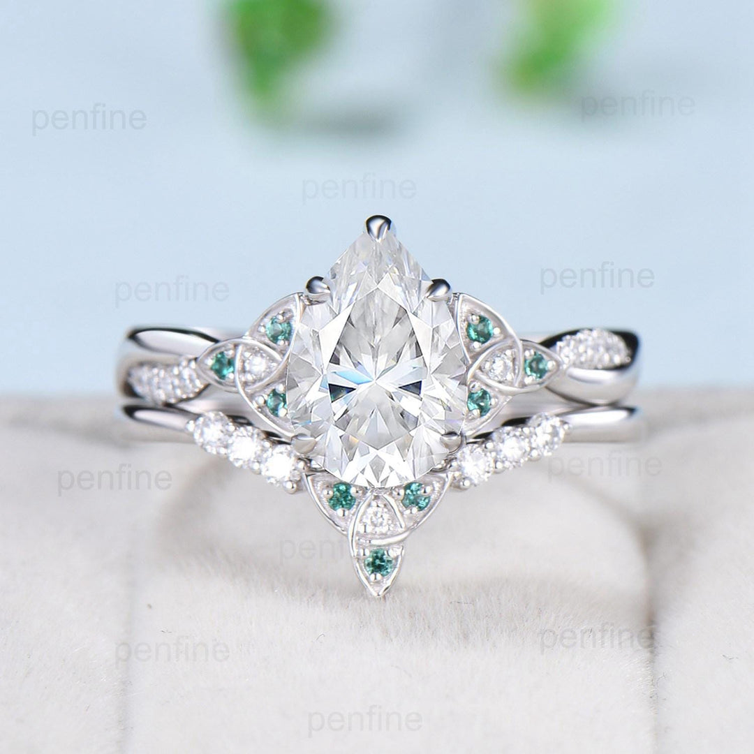 Unique Pear Moissanite Wedding Ring Set Celtic Knot 14K/18K White Gold Infinity Split Shank Moissanite Engagement Ring Emerald Bridal Sets - PENFINE