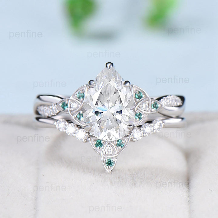 Unique Pear Moissanite Wedding Ring Set Celtic Knot 14K/18K White Gold Infinity Split Shank Moissanite Engagement Ring Emerald Bridal Sets - PENFINE