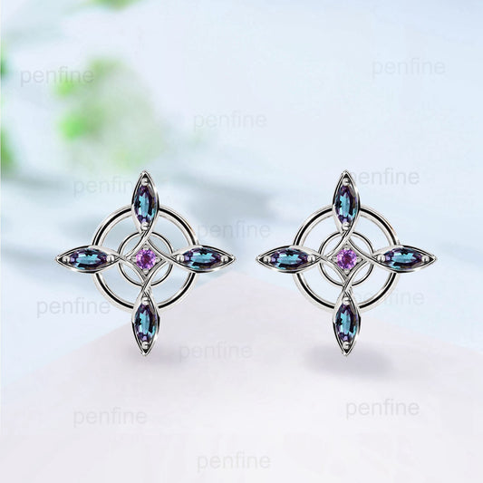 Vintage Alexandrite earrings Double Loop Forever Stud Earrings June birthstone Earrings Women Solid 14k 18k rose gold color change earrings - PENFINE